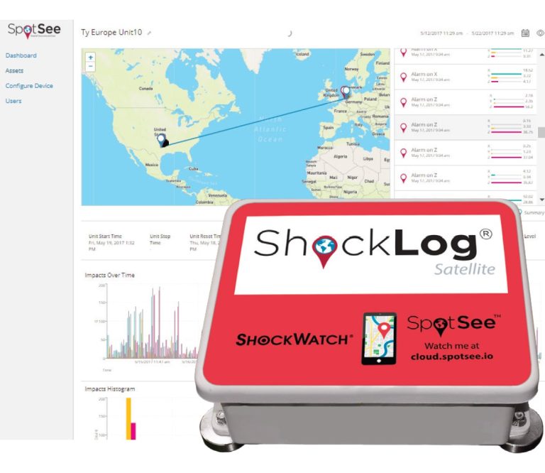 Shock Log Satellite for real time recording, reporting and asset location